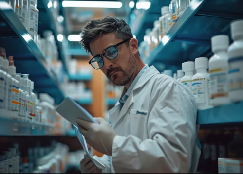 Pharmacist organizing and managing medicine stock in a warehouse