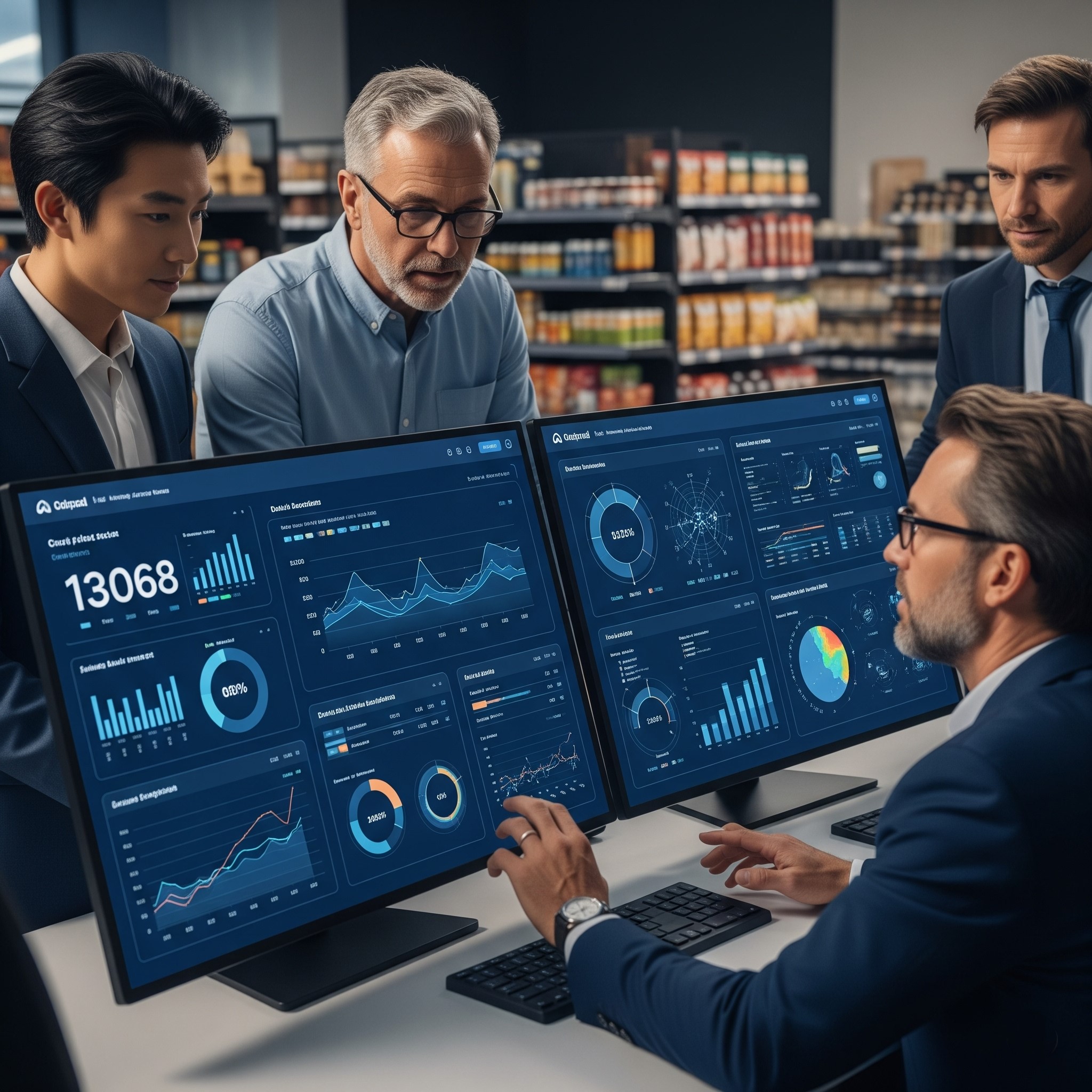 A team of data scientists and business professionals analyzing real-time dashboards and CPG product trends on large interactive screens.