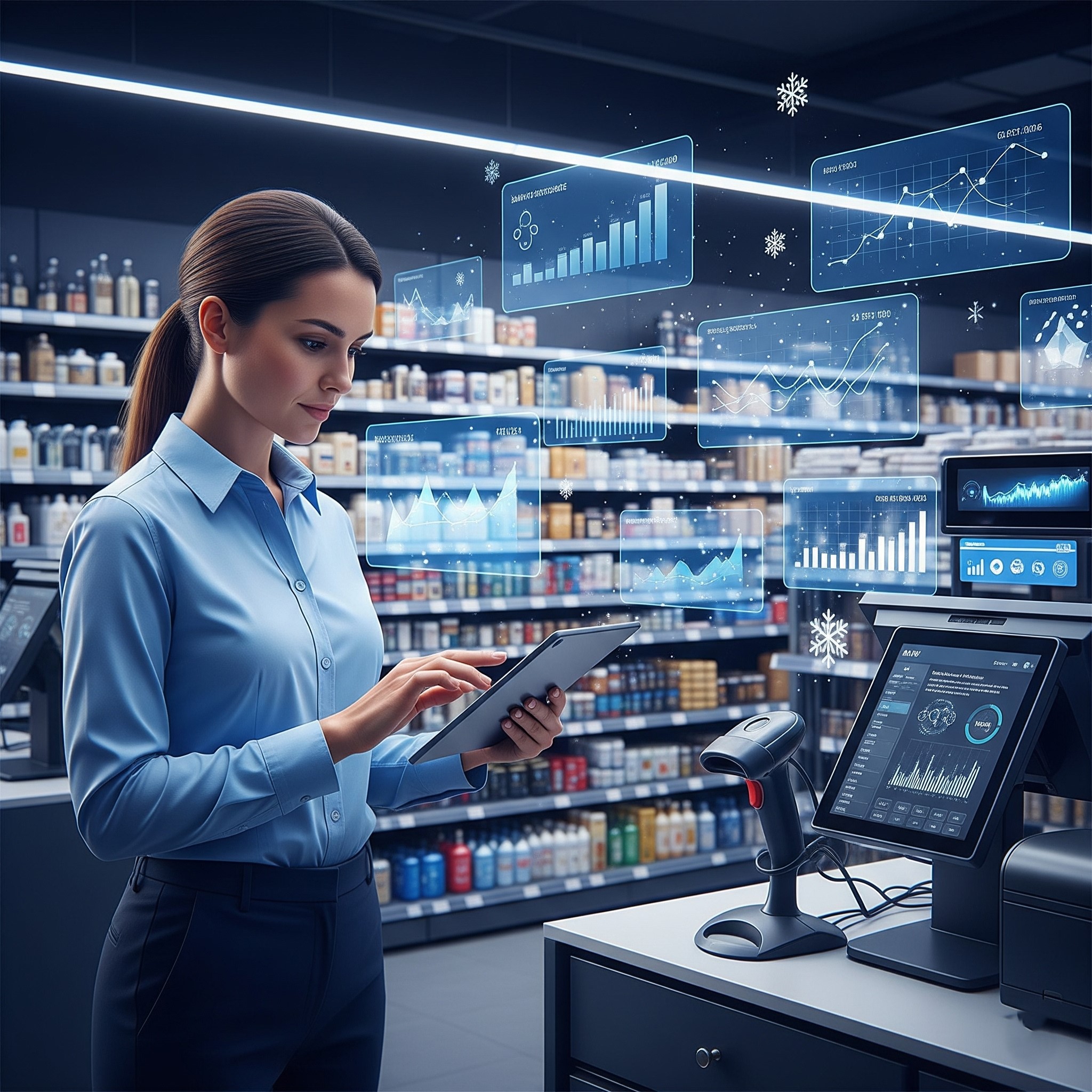 A store manager reviewing a tablet displaying AI-driven sales forecasts and predictive analytics dashboards.