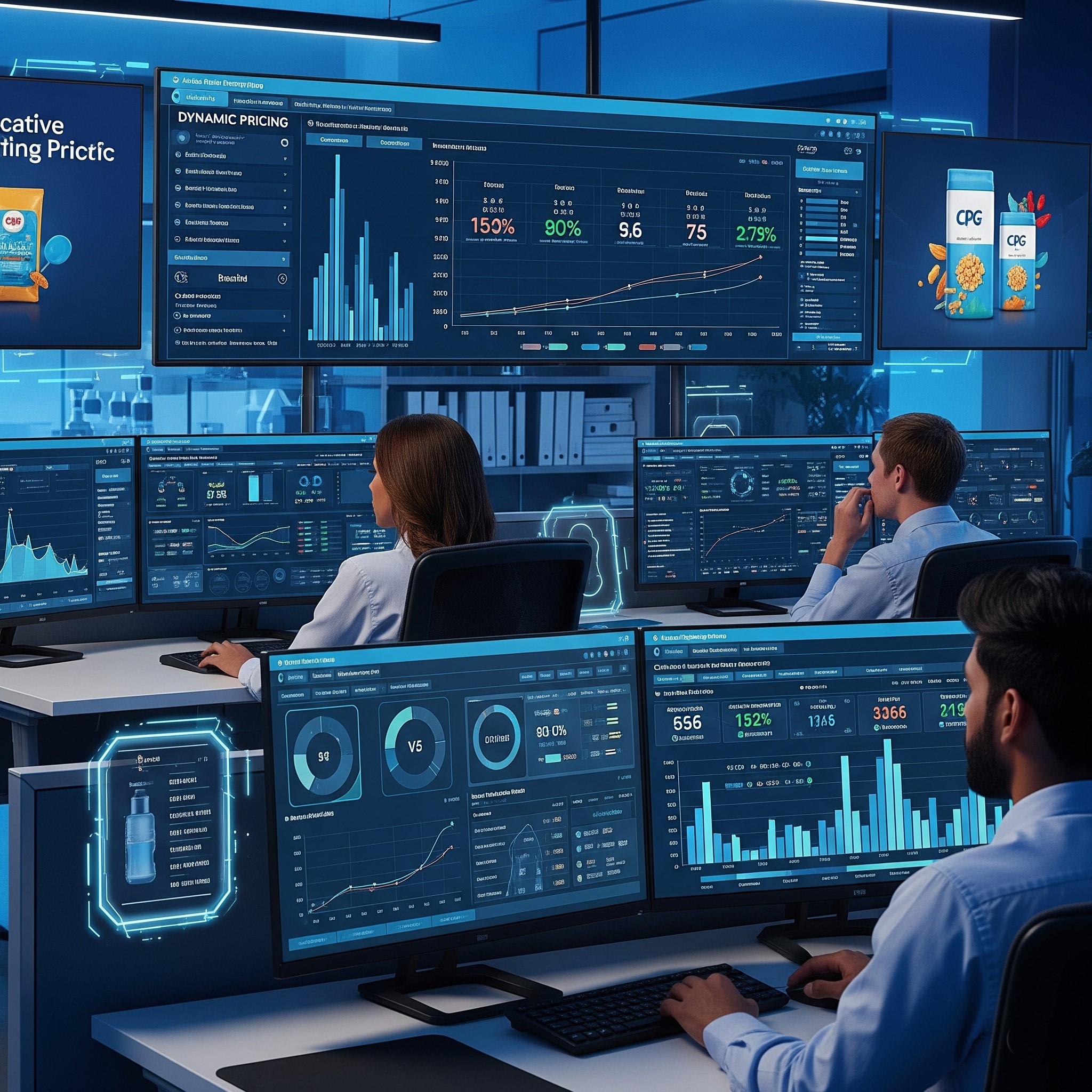 A high-tech marketing control room or strategy office with analysts monitoring dynamic pricing dashboards and real-time CPG datasets on multiple digital screens.