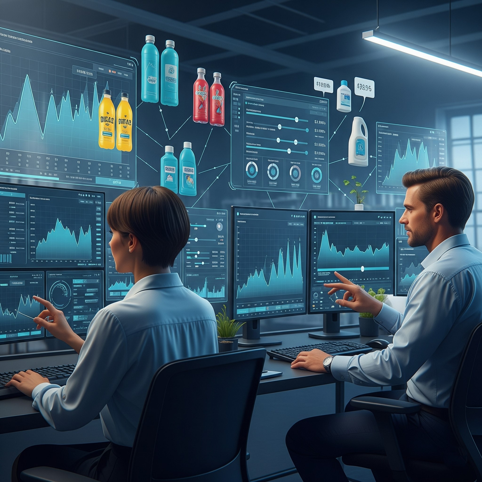 A futuristic retail analytics lab where pricing analysts are examining fluctuating CPG market trends and adjusting product prices in real-time using AI-powered dashboards.