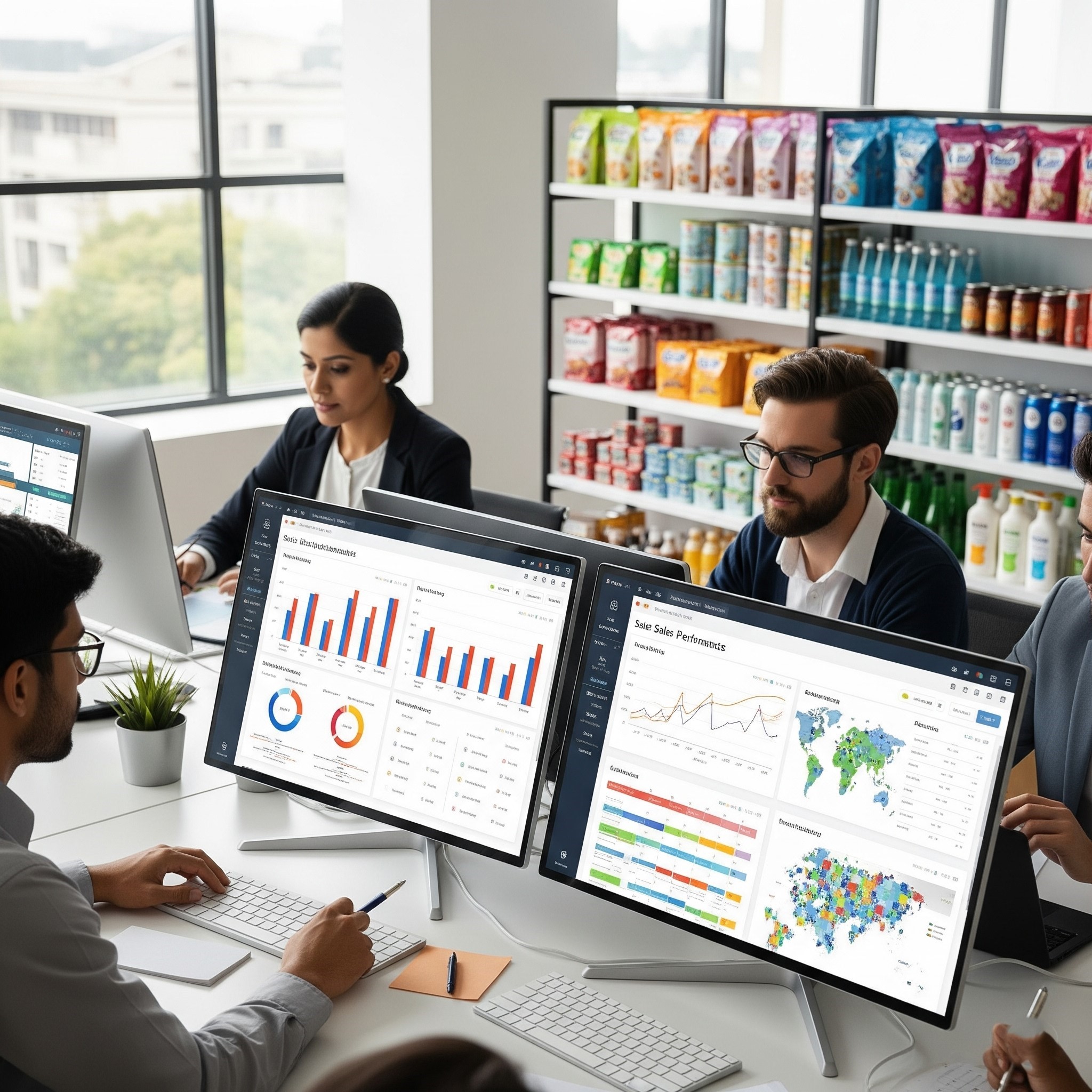 Some professionals are reviewing detailed sales performance dashboards on large screens.